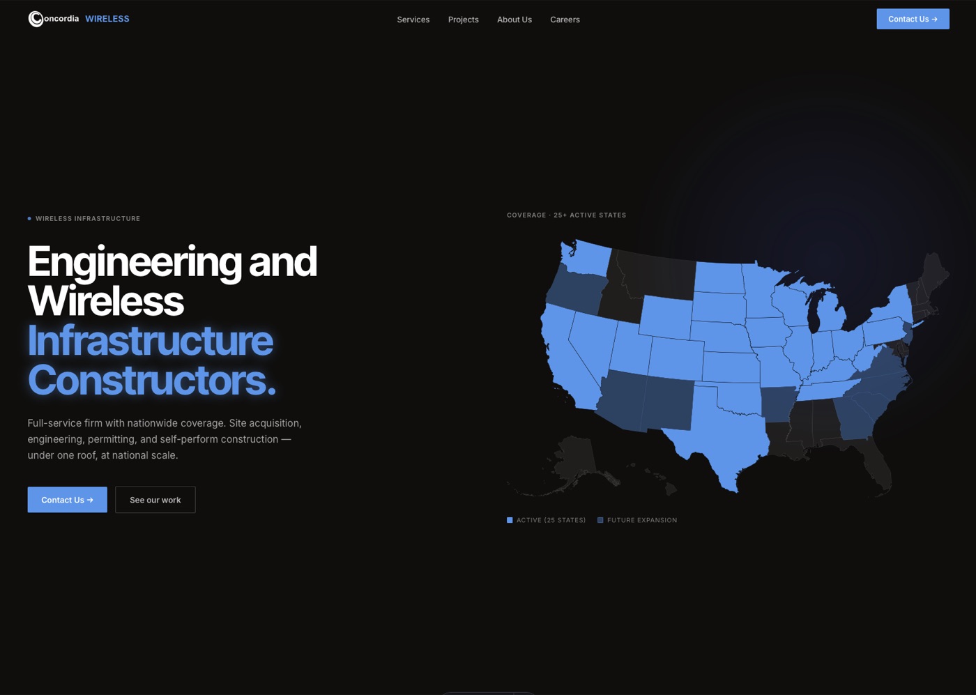 The rebuilt Concordia Wireless homepage, showing a US coverage map and editorial hero.